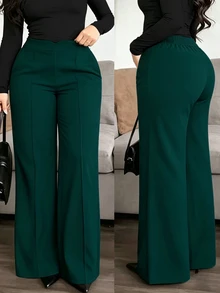 SHEIN CURVE+ بنطال نسائي كاجوال محبوك بساق مستقيمة بلون موحد مقاس كبير - أخضر - مشاهدة 1
