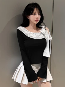 FRIFUL Áo thun nữ họa tiết chấm bi phối màu phong cách thường ngày thoải mái - màu đen - Xem 3