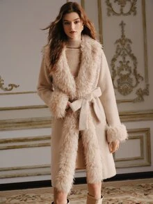 Anewsta Autumn/Winter Elegant Faux Fur Knit Cardigan - Apricot - View 6