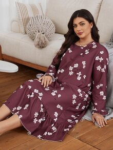 Serenescape Plus Size Bubble Crepe Ditsy Floral Ruffle Trim Long Sleeve Nightgown - Redwood - View 6