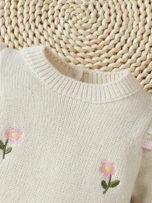 SHEIN 女嬰綠色針織毛衣連身褲附連腳褲，長袖、荷葉邊飾與手工刺繡花朵，柔軟舒適，適合秋冬穿著 - 杏色 - 查看 5