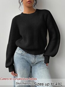 SHEIN BASICS Plus Size Women Solid Color Round Neck Long Sleeve Casual Traditional Sweater Autumn Formal Teacher White Home Wear - Black - View 1
