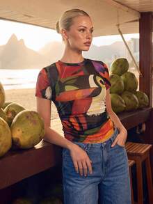 CAJUNI Women's Round Neck Short Sleeve Transparent Printed Casual T-Shirt - Multicolor - View 3