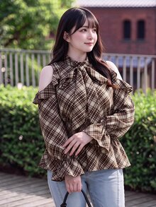 Bijouette 大尺碼休閒優雅度假風棕色格紋編織露肩上衣，柔軟面料，日系甜美風，收腰露背，約會之夜，秋季 - 棕色 - 查看 3