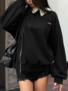 FRIFUL Sweatshirt Wanita Lengan Panjang Serbaguna dengan Dekorasi Logam dan Resleting - Hitam - View 1