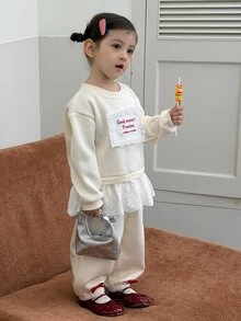 Dazy Kids Infant (Girl) Round Neck Korean Style Long Sleeve 2 Pieces Sweatshirt Set - Beige - View 1