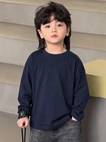 Dazy Kids 小男孩字母印花長袖圓領T恤，適合日常穿著 - 寶藍色 - 查看 5