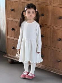 Dazy Kids Atasan Bayi/Balita (Perempuan) Leher Bulat dengan Hiasan Ruffle Lengan Panjang Nyaman Gaya Korea Serbaguna - Aprikot - View 4