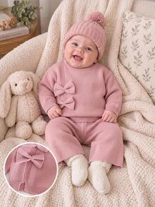 SHEIN Baby Girl Knit Solid Color Round Neck 3D Bow Casual Sweater & Long Pants 2 Pieces Set - Pink - View 5