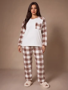Lazeform Plus Size Plaid Patchwork Coral Fleece Pajama Set - Multicolor - View 6