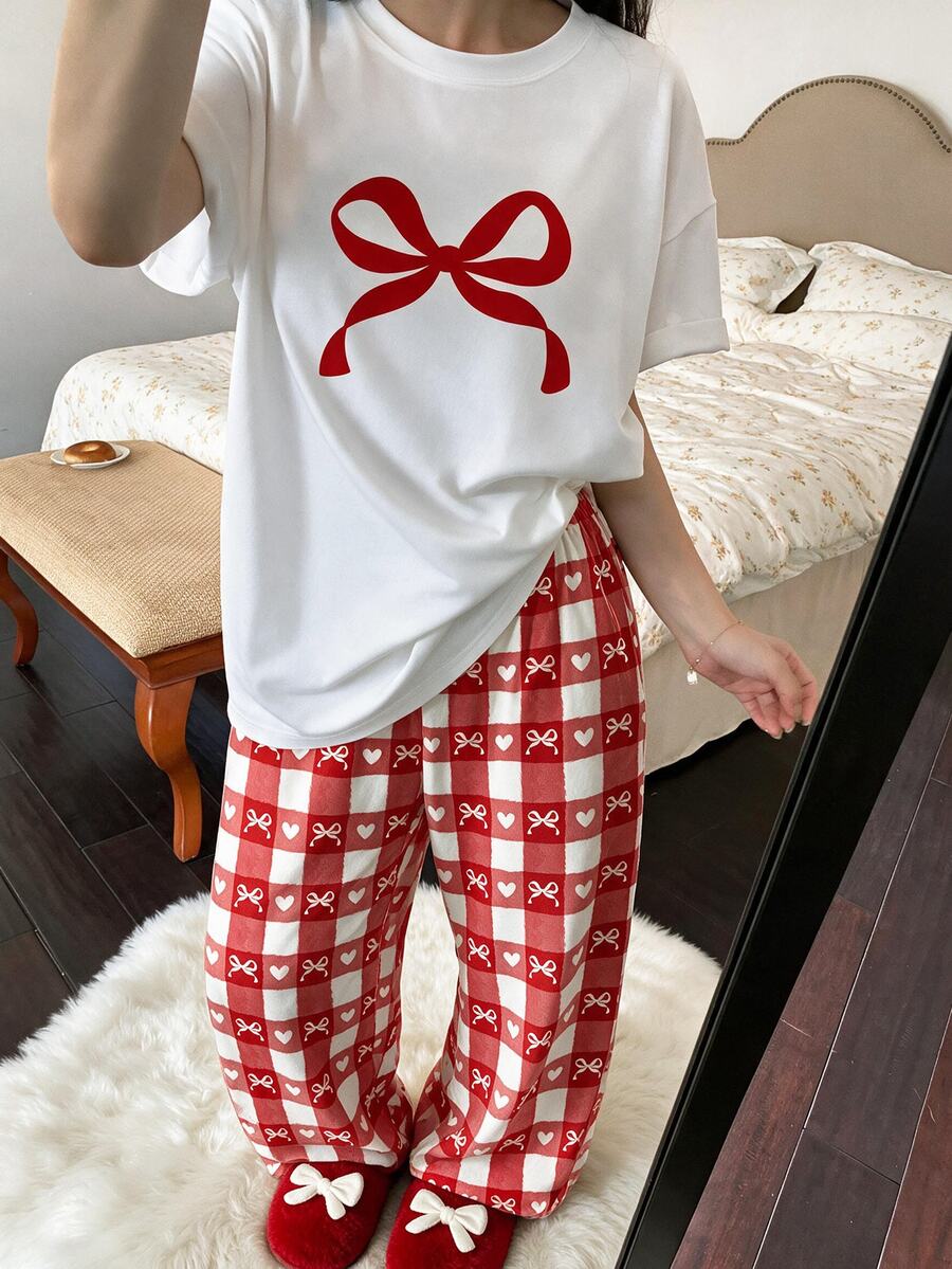 復古甜美蝴蝶結愛心格紋圖案,青少年女孩居家服圓領短袖T恤與長褲寬鬆休閒睡衣套裝2件組,甜酷慵懶軟妹風放鬆款 - 彩色 - 查看 1
