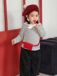 Dazy Kids Atasan Lengan Panjang Bergaris dengan Pita untuk Bayi Perempuan - Hitam dan Putih - View 4