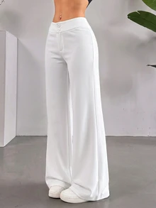 SHEIN EZwear 素色高腰喇叭直筒長褲 - 白色 - 查看 4