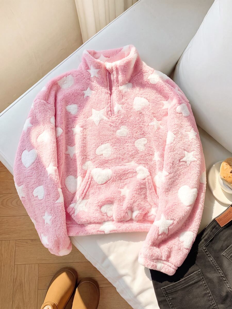 SHEIN 青少年女孩針織蝴蝶結毛絨立領半拉鍊拼接寬鬆休閒長袖秋冬衛衣 - 粉色 - 查看 1