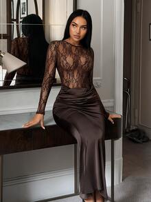SHEIN SXY Women's Sexy Lace Ruffle Long Sleeve Dress - Coffee - View 5