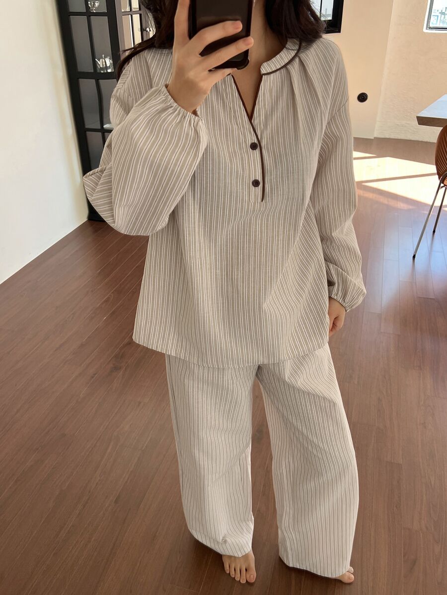 DAZY Women's Striped Colorblock Long Sleeve Top And Pants Casual Daily Home Sleepwear Set - Apricot - View 1