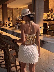 Penseblé Champagne Gold Handmade Crochet Large Sequin Halter Top Sexy Blouse For Women - Champagne - View 2