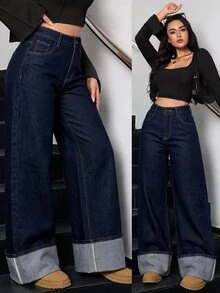 SHEIN Tall 冬季女款休閒水洗復古時髦翻邊設計寬腿牛仔褲，適合高個女性 - 深色水洗藍 - 查看 1