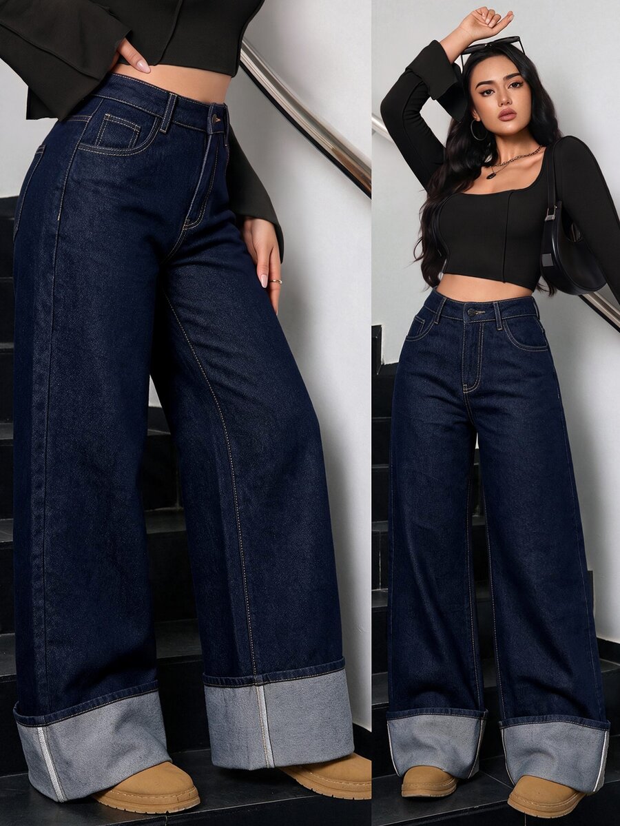 SHEIN Tall 冬季女款休閒水洗復古時髦翻邊設計寬腿牛仔褲,適合高個女性 - 深色水洗藍 - 查看 1