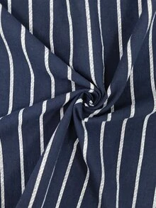 Ceyna Plus Size Pure Cotton Shirt, Navy Blue With White Stripes, Button-Down, Long Sleeve, Versatile Innerwear/Outerwear, Casual Commute Top - Navy Blue - View 8