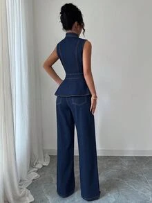 SHEIN LUNE Women's Button-Up Waist Tank Top And Pocket Long Pants Denim Set - Dark Wash - View 6