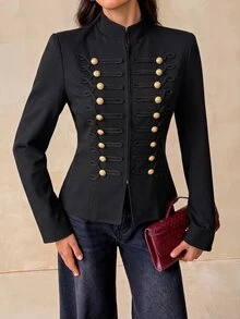 SHEIN Tall جاكيت نابليون كاجوال يومي بلون موحد للنساء - الأسود - مشاهدة 11
