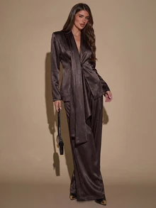 SHEIN BAE Women's Elegant Long Sleeve Jacket And Pants Suit Set - Brown - View 5