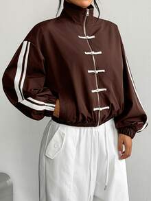 Dewbera Dewbera Vintage Colorblock Striped Frog Button Sport Jacket, Loose Fit Cuffed Sleeve Slouchy Women's Sweatshirt - Coffee Brown - View 3