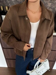 Dazy Plus Fleece Lined Thickened Autumn/Winter New Loose Casual Brown Short Jacket Outerwear - Brown - View 1