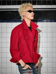 ROMWE MEN Men's Red Letter Print Streetwear Denim Jacket - Red - View 7