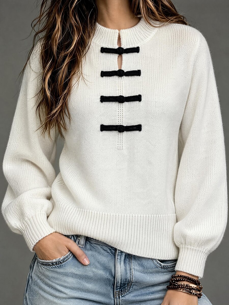 Linhara CURVE 1pc Women's Plus Size Vintage Old Money Style Frog Button Lantern Sleeve Knit Pullover Sweater, Suitable For Daily Commute, Spring And Autumn - Beige - View 1
