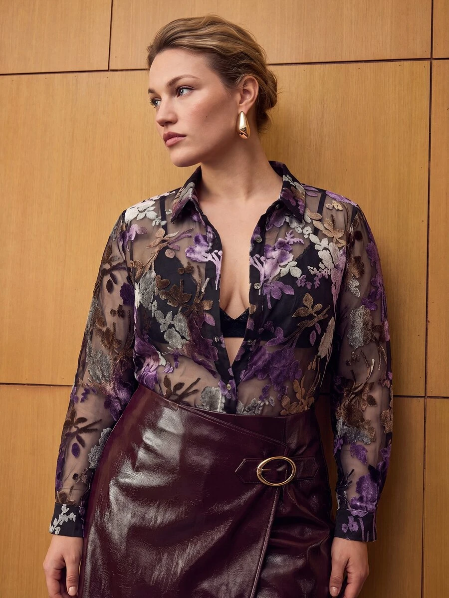 MOTF PREMIUM WOMEN'S AUTUMN/WINTER VELVET BURNOUT PLUS SIZE BLOUSE - Multicolor - View 1