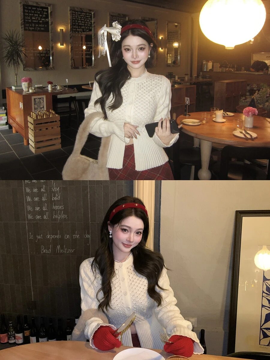 DAZY Women's Round Neck Sexy Style Knitted Cardigan Sweater - Beige - View 1