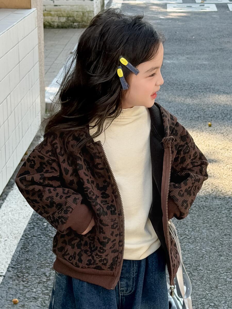 Dazy Kids (少女款) 豹紋連帽長袖秋冬休閒運動衫 - 棕色 - 查看 1