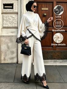 SHEIN Unity Women's Lace Patchwork Top And Long Pants Casual Daily 2 Pieces Set - Apricot - View 1