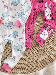 Autumn/Winter Knit Thin Round Neck Contrast Color Pink Cute Fun Elephant Colorful Balloon Little Rabbit Digital Print Popular Hot-Selling Pattern Long Sleeve Jumpsuit Zipper Design Slim Fit Comfortable Soft Fabric 2 Pieces Pajama Set Loungewear - Multicolor - View 12