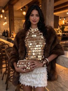 Penseblé Champagne Gold Handmade Crochet Large Sequin Halter Top Sexy Blouse For Women - Champagne - View 7