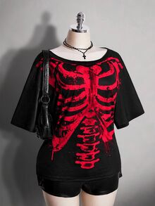SHEIN ICON 女款萬聖節黑色哥德風骷髏印花T恤 - 紅色和黑色 - 查看 3