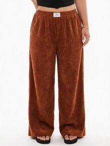 Solavibe Plus Size Women Corduroy High Waist Wide Leg Trousers With Pockets & Patch Design, Suitable For School, Daily Life & Indoor Work, Autumn/Winter - Coffee Brown - View 5
