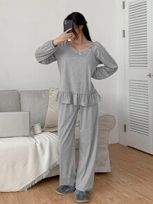 DAZY 2pcs/Set Women's Lace Patchwork V-Neck Long Sleeve Frill Trim Solid Color Straight Leg Long Pajama Set - Grey - View 8