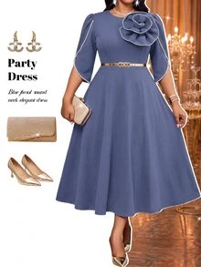 Fleurora Plus Size Elegant Party Formal Evening Dress With 3D Floral Decor Fall Dusty Blue - Dusty Blue - View 7