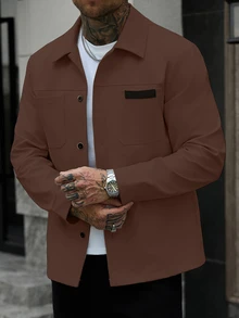 Manfinity Homme Men's Solid Color Casual Outdoor Slim Fit Jacket - Coffee Brown - View 4