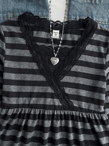 SHEIN 青少年女孩秋季 2 合 1 藍白配色蕾絲飾邊 T 恤，休閒日常百搭 - 彩色 - 查看 4