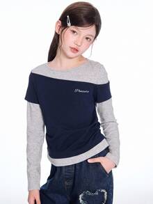 Dazy Kids Kaos Kasual Sehari-hari Model Dua Potong Patchwork untuk Remaja Perempuan - Grey - View 7