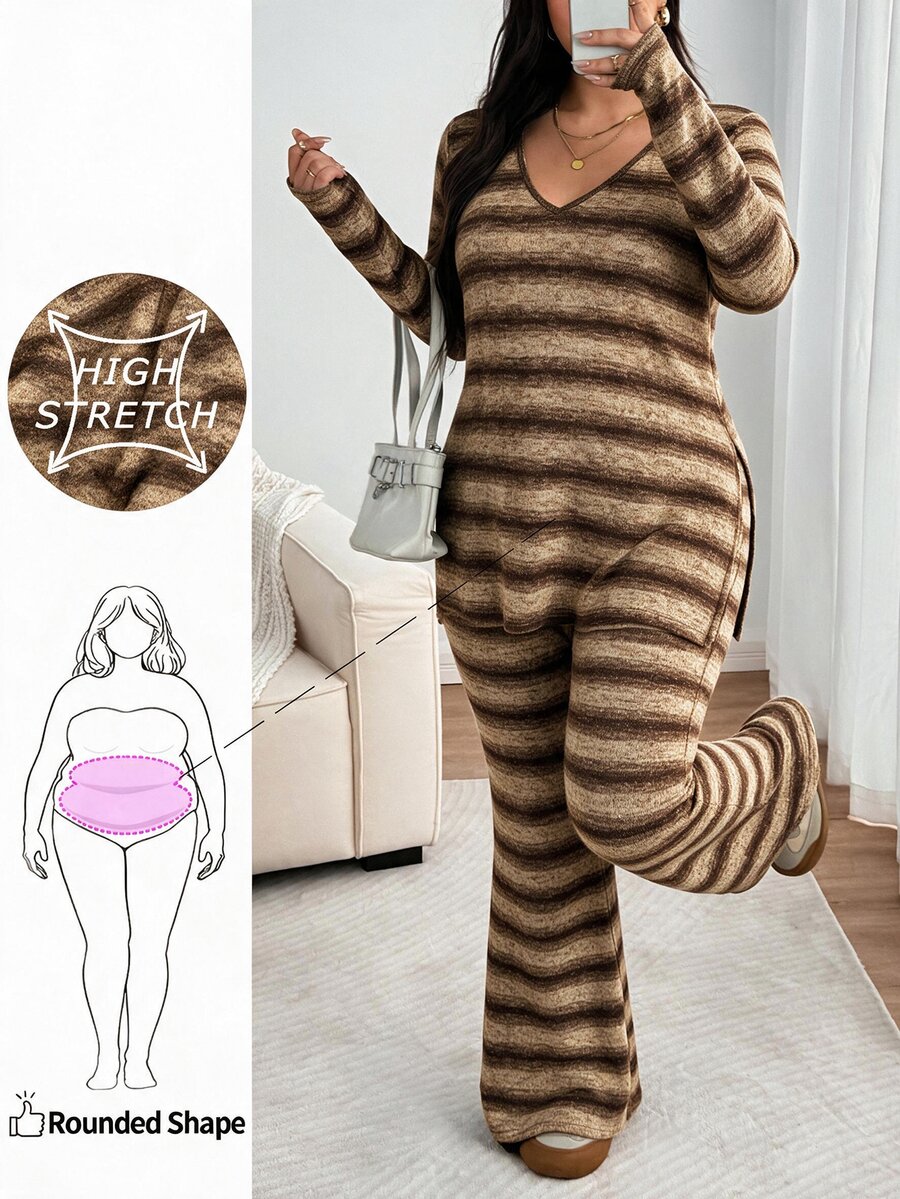 Enliva Plus Size Cotton Blend Washed Stripe Two Pieces Set With Elastic Waist Flare Pants Compatible With Apple Body Round Body - Black - View 1