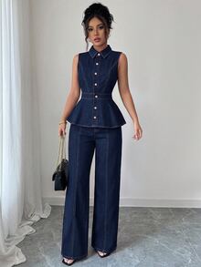 SHEIN LUNE Women's Button-Up Waist Tank Top And Pocket Long Pants Denim Set - Dark Wash - View 5