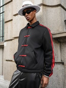 Major Grit 男士秋季休閒寬鬆時尚中式盤扣拼接撞色運動夾克 - 黑色 - 查看 3