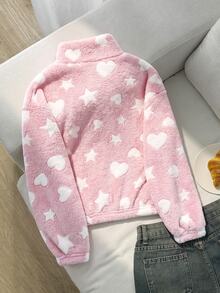 SHEIN 青少年女孩針織蝴蝶結毛絨立領半拉鍊拼接寬鬆休閒長袖秋冬衛衣 - 粉色 - 查看 2