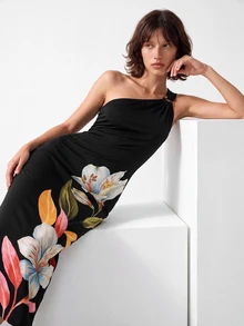 CAJUNI Chic Vacation Painted Flowers Asymmetric Shoulder Jersey Knitting Midi Dress With Shoulder Detail - Multicolor - View 3
