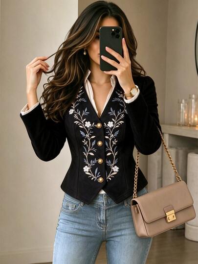 Yalmera Winter Women's Elegant Casual Commute Vintage Bronze Button Embroidered Waist-Cinching Pointed Collar